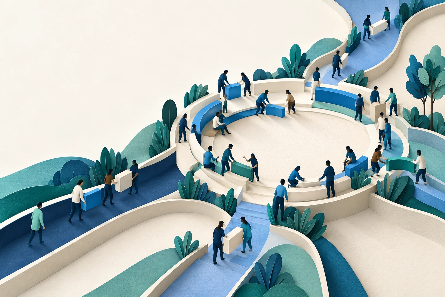 Conceptual artwork of people building a shared circular gathering space, connected by different paths.